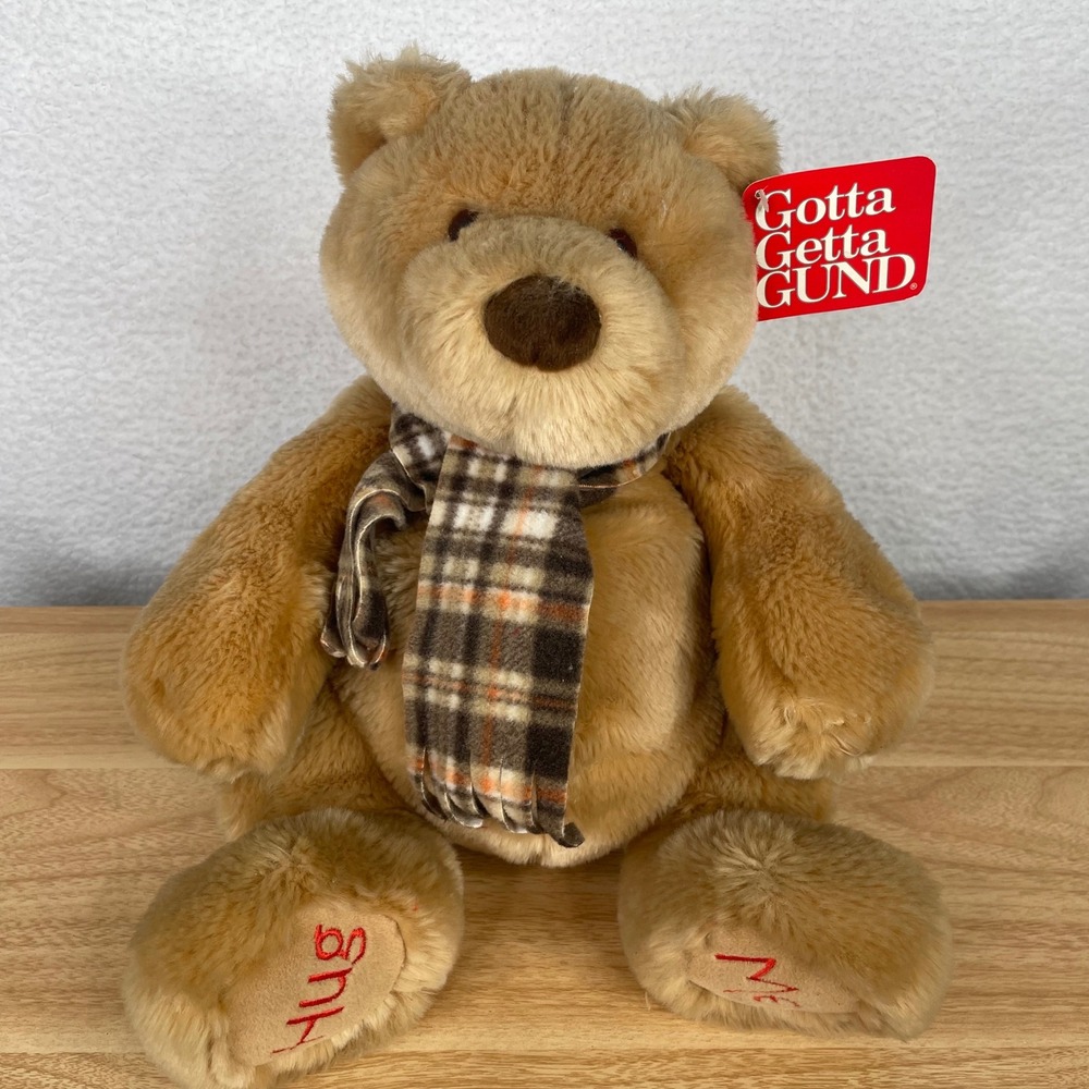Gund Cuddly Plush Bear 41280 Tan Plaid Scarf Hug Me Embroidered Paws NWT 11in